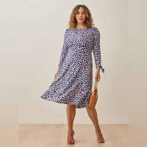 Reformation Port Long Sleeve Midi Dress, Blue with Dot Print, Sz 0